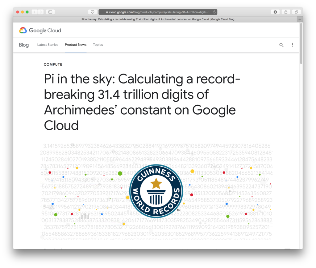 Pi in the sky: Calculating a record-breaking 31.4 trillion digits of Archimedes’ constant on Google Cloud